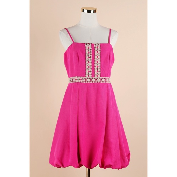 Sz 10 Tommy Hilfiger Raspberry Pink Textured Gold Lace Trim Mini Cocktail Dress - Picture 1 of 5